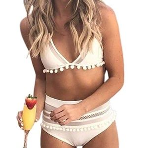 White Striped Pom Pom Tassel Swimsuit — Bikini Set